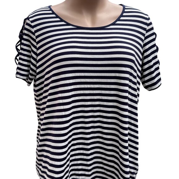 Per Seption Women Navy White Striped Top 2X Openwork‎ Sleeves Nautical Tee NEW - Picture 9 of 13